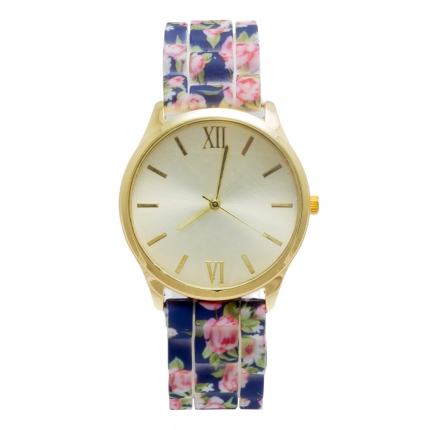 Montre silicone bleu marine à fleurs