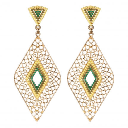 Boucles d'oreilles losanges dorées perles vertes