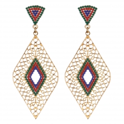 Boucles d'oreilles losanges dorées perles rouges