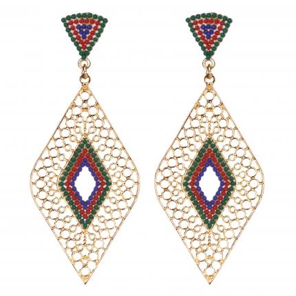 Boucles d'oreilles losanges dorées perles rouges
