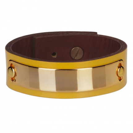 Bracelet cuir femme jaune plaque dorée  - Manchette Cuir