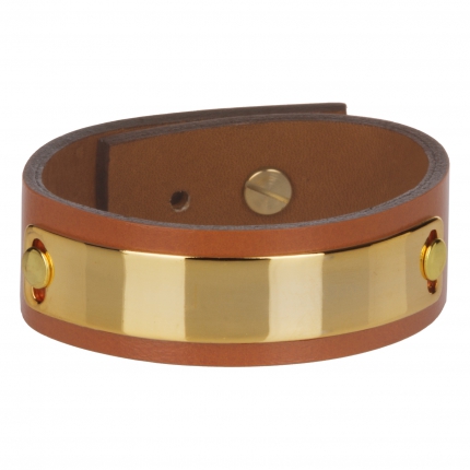 Bracelet cuir femme camel plaque dorée - Manchette Cuir