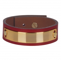Bracelet cuir femme rouge plaque dorée  - Manchette Cuir