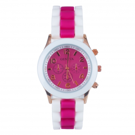 Montre silicone bicolore fuchsia et blanche