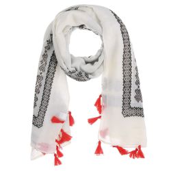 Foulard Femme Ethnique Blanc Pompon