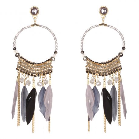 Boucle d'oreille fantaisie créole perle et plume grise