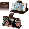 Etui portefeuille Iphone 4 / 4S Noir imprimé Fleurs