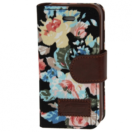 Etui portefeuille Iphone 4 / 4S Noir imprimé Fleurs