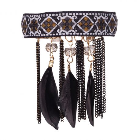 Bracelet ethnique noir pampille plume  - Bracelet Noir