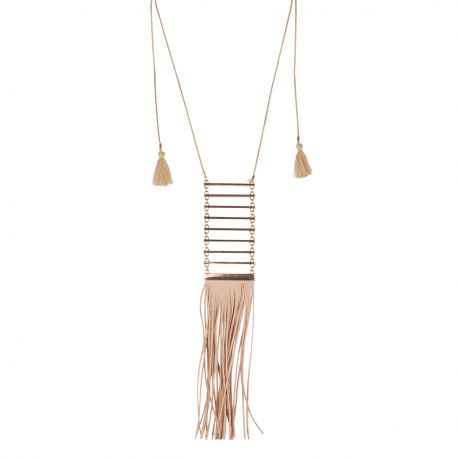 Sautoir doré frange suédine beige - Bijoux Femme