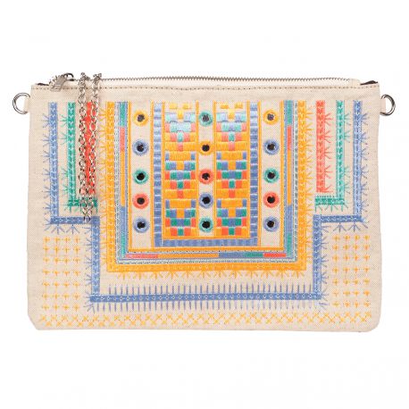 Pochette Boho Bleu lavande et Fluo - Sac Pochette Ethnique