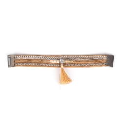 Bracelet Manchette Aimanté Chaines et Pompon Beige - Bracelet femme