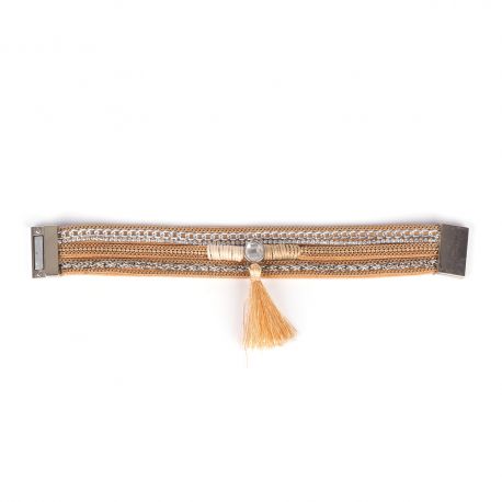 Bracelet Manchette Aimanté Chaines et Pompon Beige - Bracelet femme