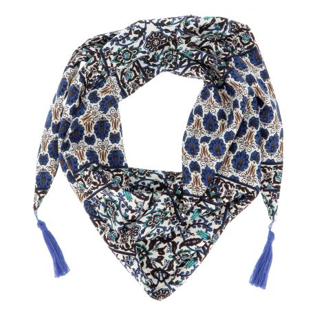 Bandana Fleurs Bleues Pompons - Foulard Femme