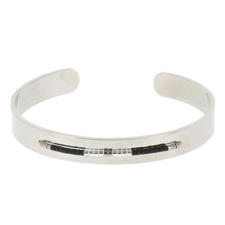 Bracelet Jonc Argenté Perles Noires - Bracelet Argenté