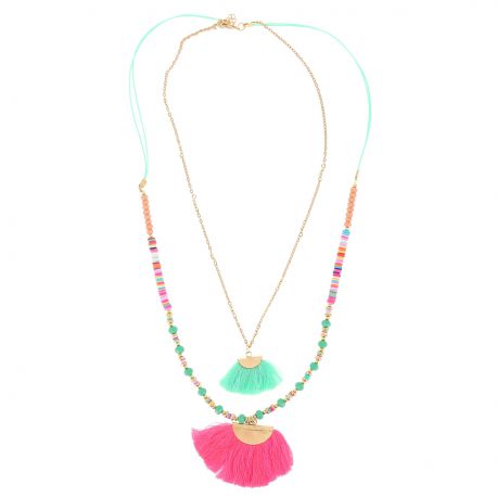 Sautoir Multirang Perles et Franges Colorées - Collier Long