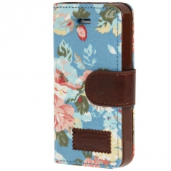 Etui portefeuille Iphone 5 / 5S Bleu imprimé Fleurs