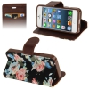Etui portefeuille Iphone 5 / 5S Noir imprimé Fleurs