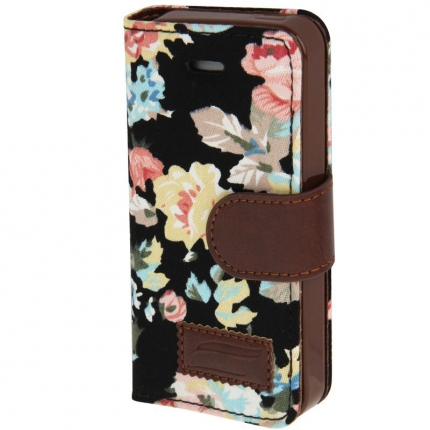 Etui portefeuille Iphone 5 / 5S Noir imprimé Fleurs