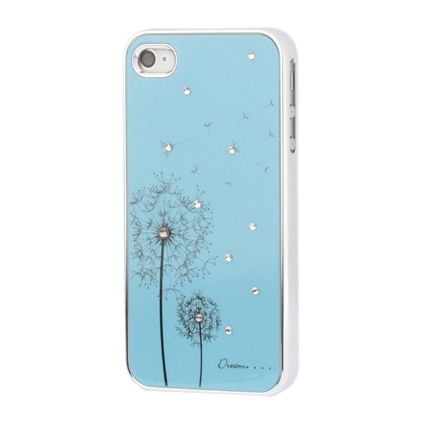 Coque Iphone 4 / 4S Bleu ciel fleurs strass