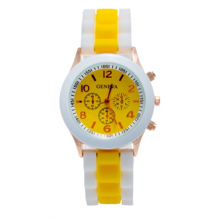 Montre silicone bicolore jaune et blanche